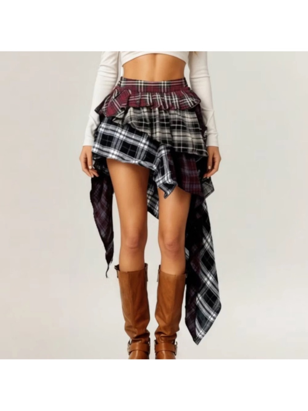 Anna-Kaci Women Asymmetric Plaid Mini Skirt with Layered Ruffle Details M - Picture 2 of 8